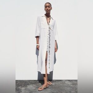 Zara White Button-Front dress size large linen blend